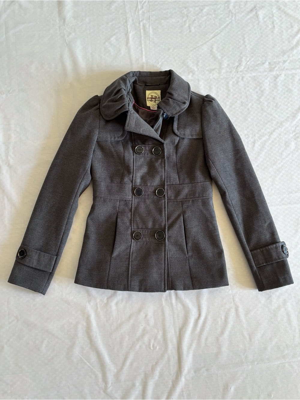 grey double breasted peacoat with collar and buttons